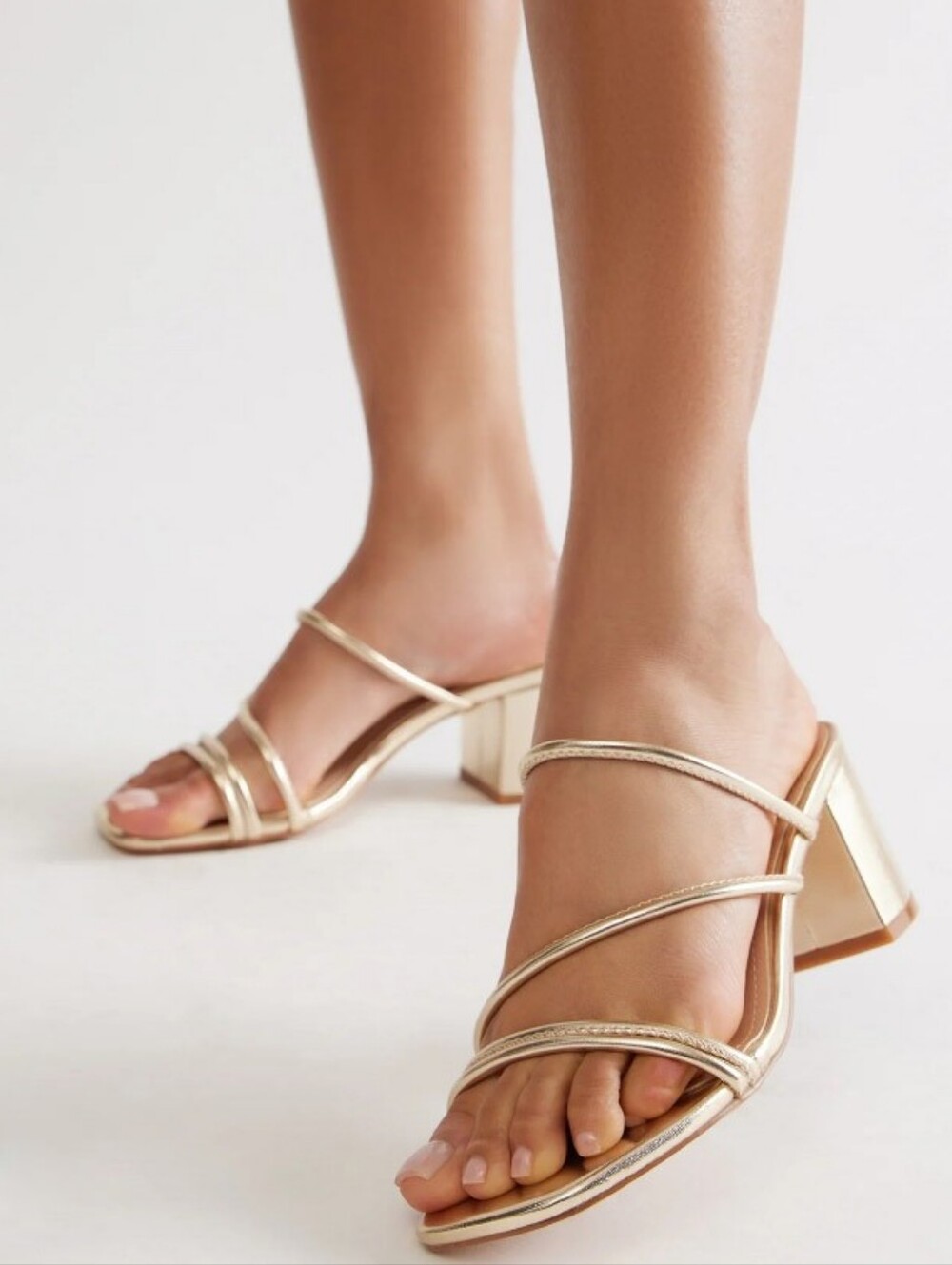 New Champagne Gold Amelia Wide Flare Low Heel Slide Mule Strappy Sandals